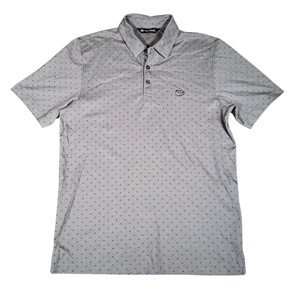 TravisMathew Polo Mens Medium Geometric Micro Print Short Sleeve Grey Golf Shirt